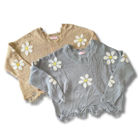 Cropped Daisy Floral Print V Neck Long Sleeve Personality Sweater Ribbed Trim - Picture 2 of 15